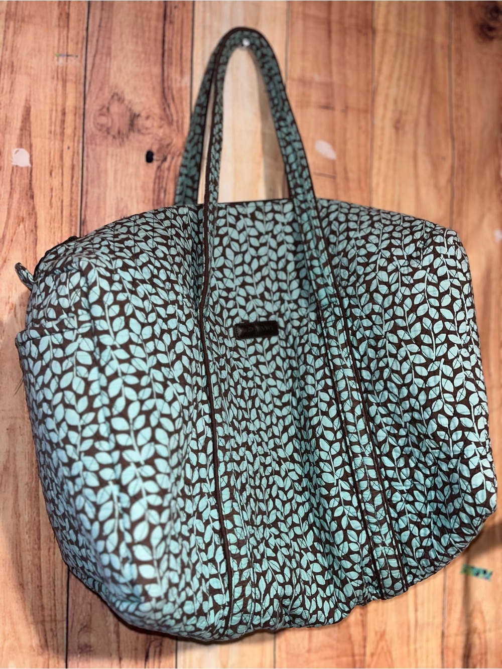 Vera Bradley Large Duffel Bag retired Shower Vines teal and brown leaf print.